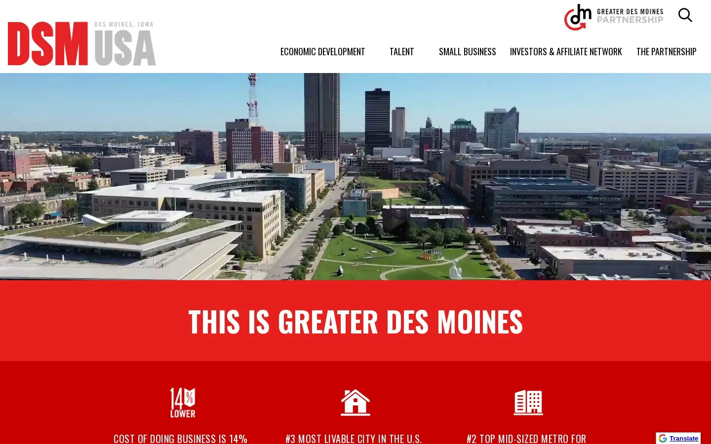 DSM Partnership homepage hero showing Greater Des Moines skyline